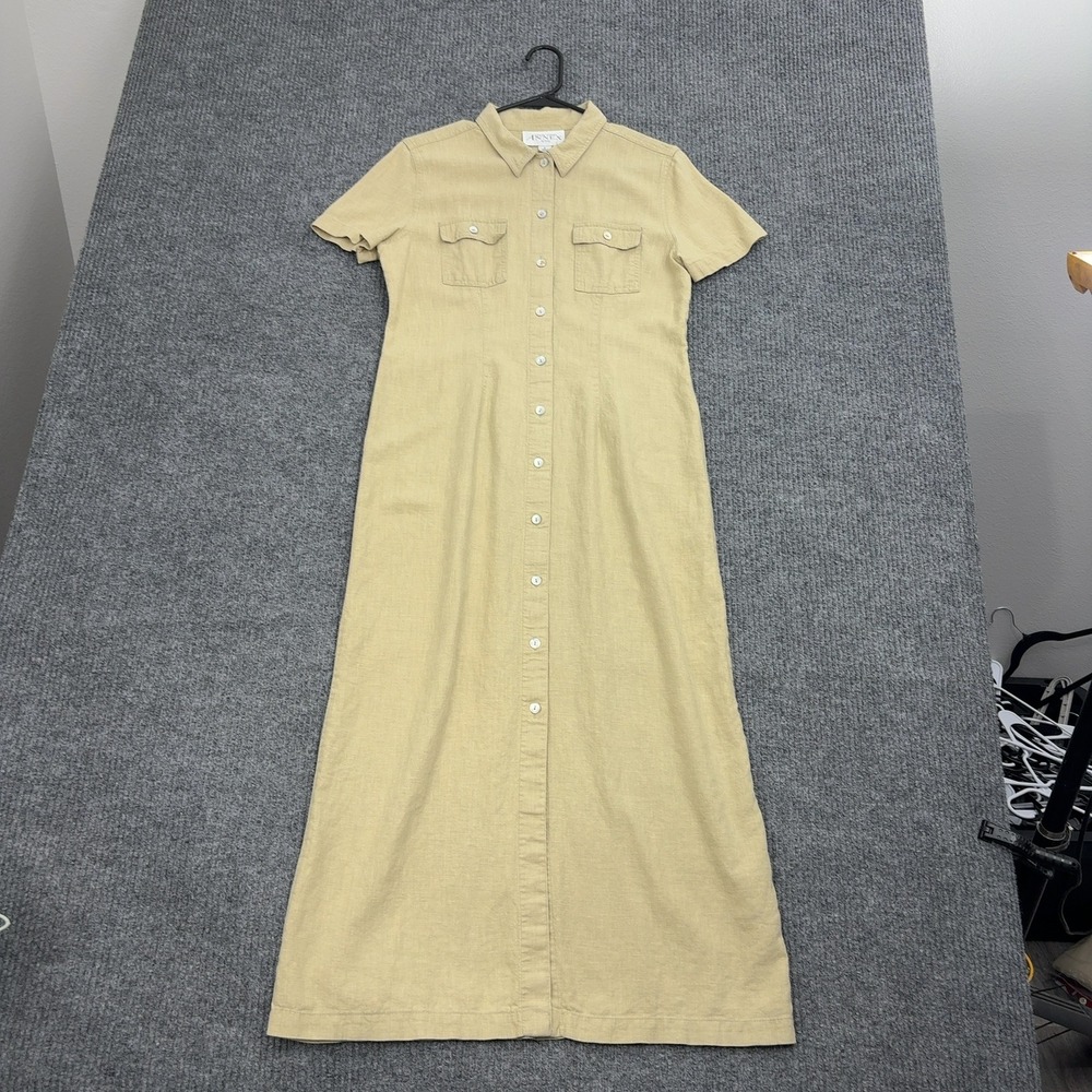Casual Corner Annex Dress Womens 6P Beige Linen Button Front Maxi Safari Classic